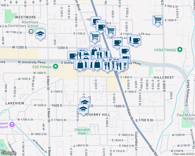 map of restaurants, bars, coffee shops, grocery stores, and more near 334 East 1400 South in Orem