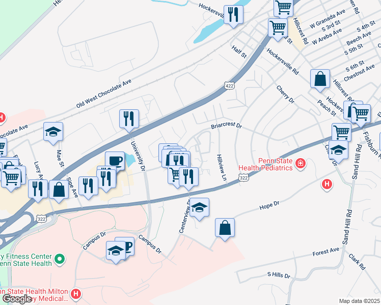 map of restaurants, bars, coffee shops, grocery stores, and more near 219 Crescent Drive in Hershey