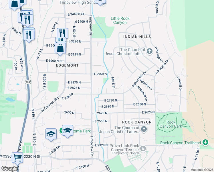 map of restaurants, bars, coffee shops, grocery stores, and more near 2818 North 760 East Street in Provo