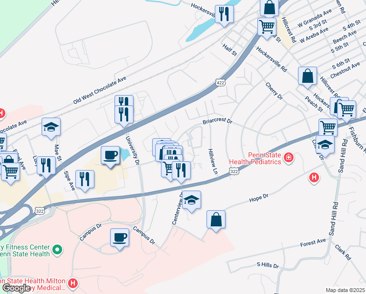 map of restaurants, bars, coffee shops, grocery stores, and more near 219 Crescent Drive in Hershey