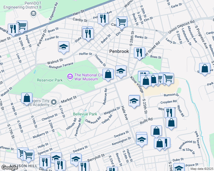 map of restaurants, bars, coffee shops, grocery stores, and more near 2402 Market Street in Harrisburg