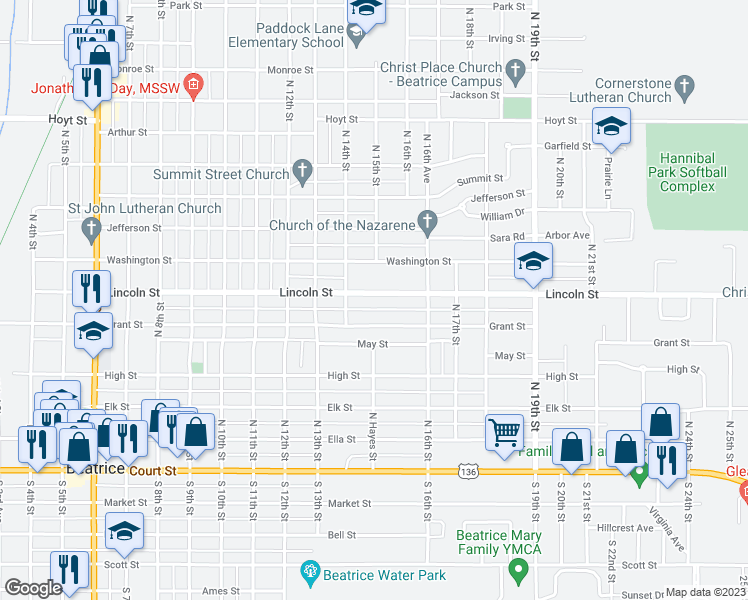 map of restaurants, bars, coffee shops, grocery stores, and more near 1425 Lincoln Street in Beatrice