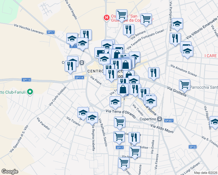 map of restaurants, bars, coffee shops, grocery stores, and more near 44 Via Gianserio Strafella in Copertino