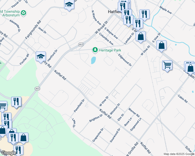 map of restaurants, bars, coffee shops, grocery stores, and more near 109 Hickory Drive in Hatfield