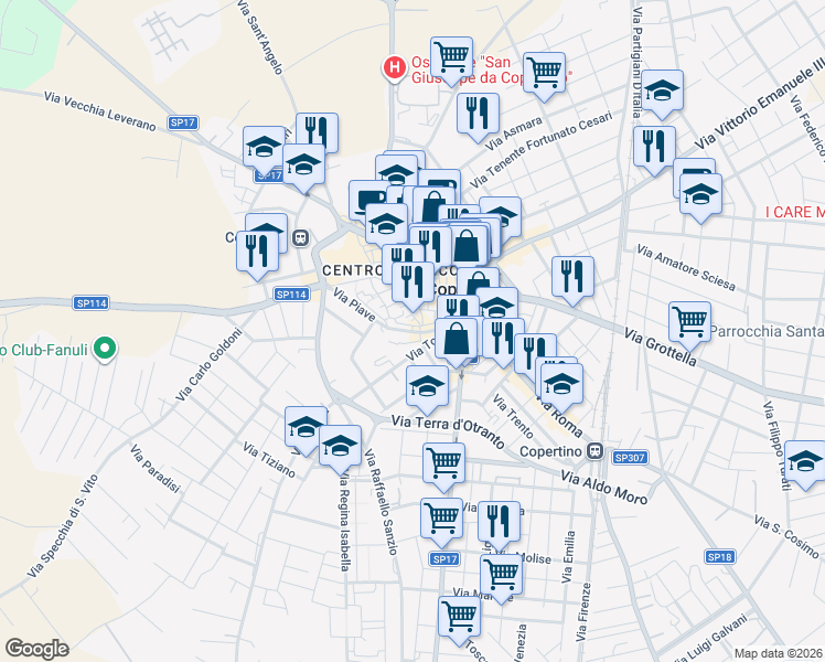 map of restaurants, bars, coffee shops, grocery stores, and more near 44 Via Gianserio Strafella in Copertino