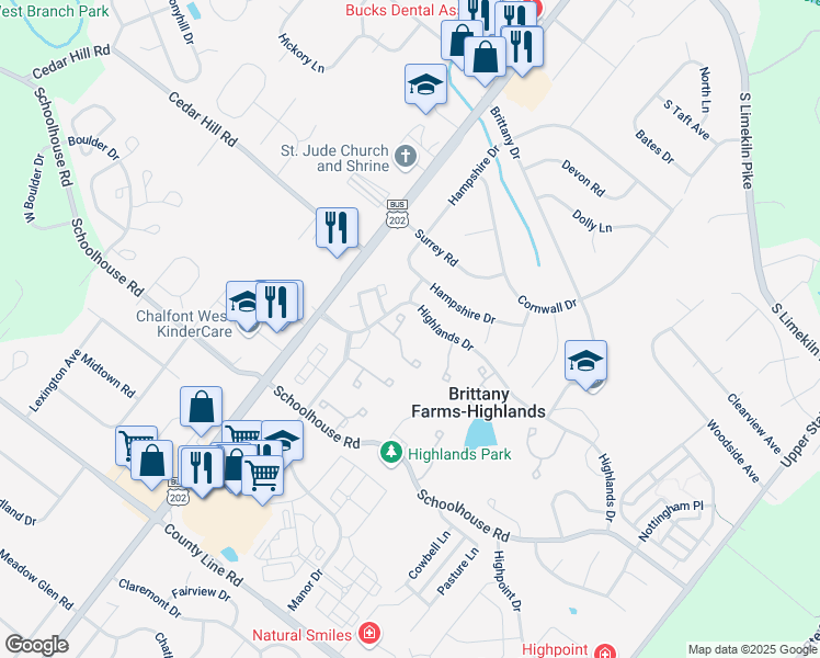 map of restaurants, bars, coffee shops, grocery stores, and more near 41 Fair Isle Circle in Chalfont