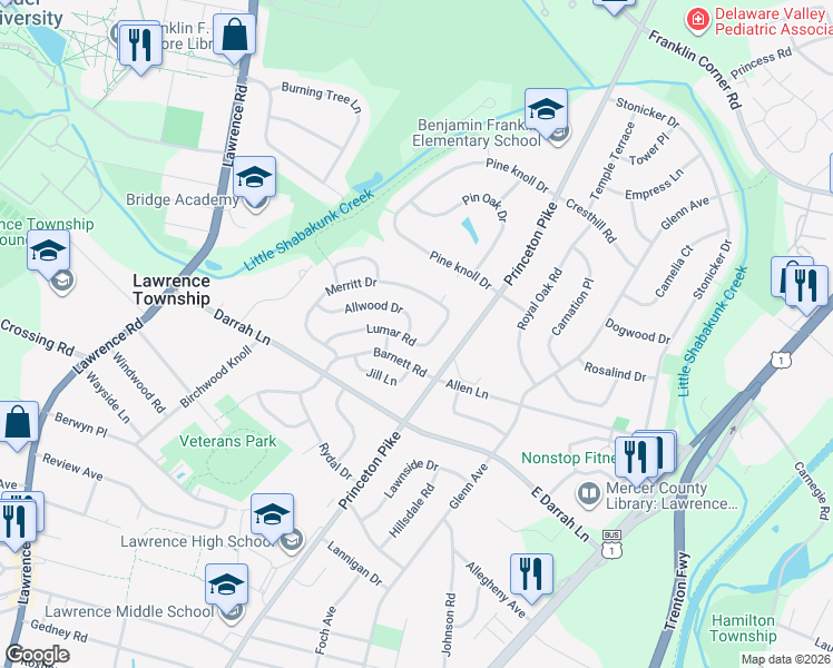map of restaurants, bars, coffee shops, grocery stores, and more near 30 Allwood Drive in Lawrence Township