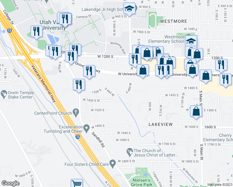 map of restaurants, bars, coffee shops, grocery stores, and more near 1361 South 460 West in Orem