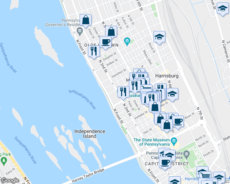 map of restaurants, bars, coffee shops, grocery stores, and more near 1528 North 2nd Street in Harrisburg