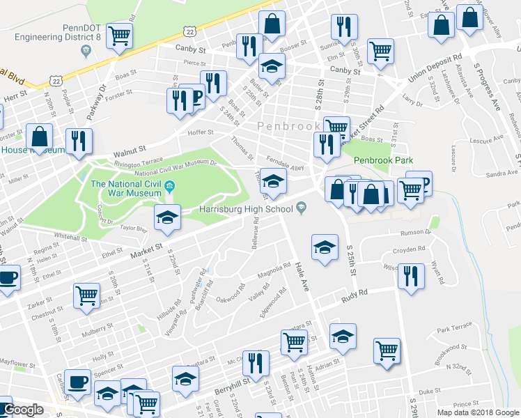 map of restaurants, bars, coffee shops, grocery stores, and more near 2404 Market Street in Harrisburg
