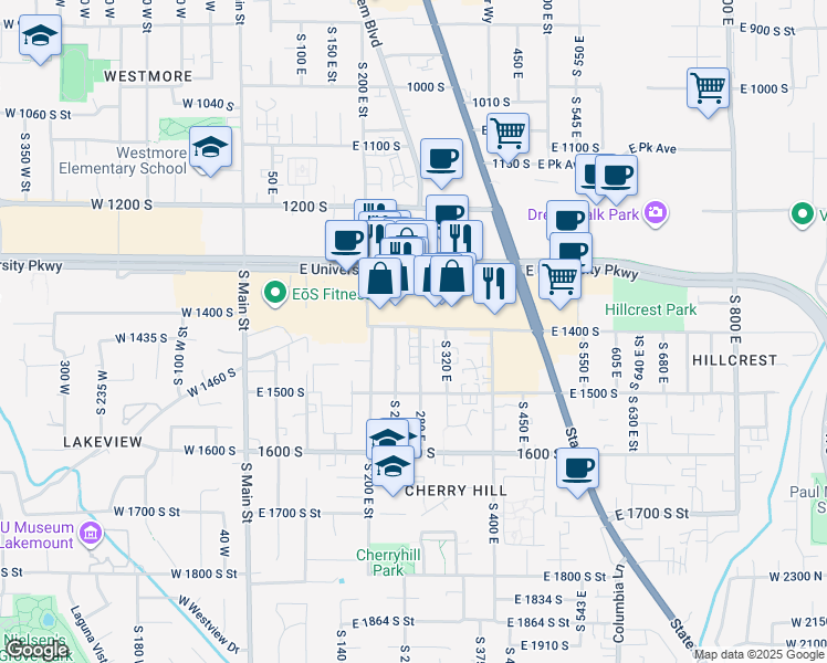 map of restaurants, bars, coffee shops, grocery stores, and more near 1412 280 East in Orem