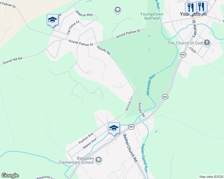 map of restaurants, bars, coffee shops, grocery stores, and more near 206 Apple Hill Drive in Latrobe