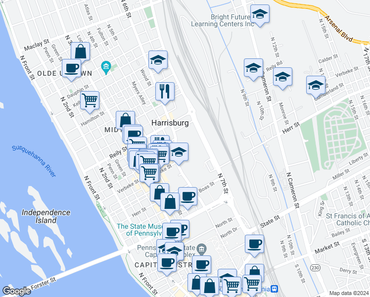 map of restaurants, bars, coffee shops, grocery stores, and more near 1301 North 6th Street in Harrisburg