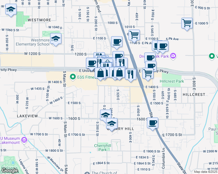 map of restaurants, bars, coffee shops, grocery stores, and more near 230 East University Parkway in Orem