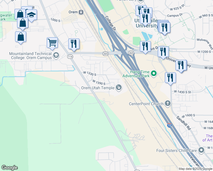 map of restaurants, bars, coffee shops, grocery stores, and more near 1381 South 1110 West Street in Orem