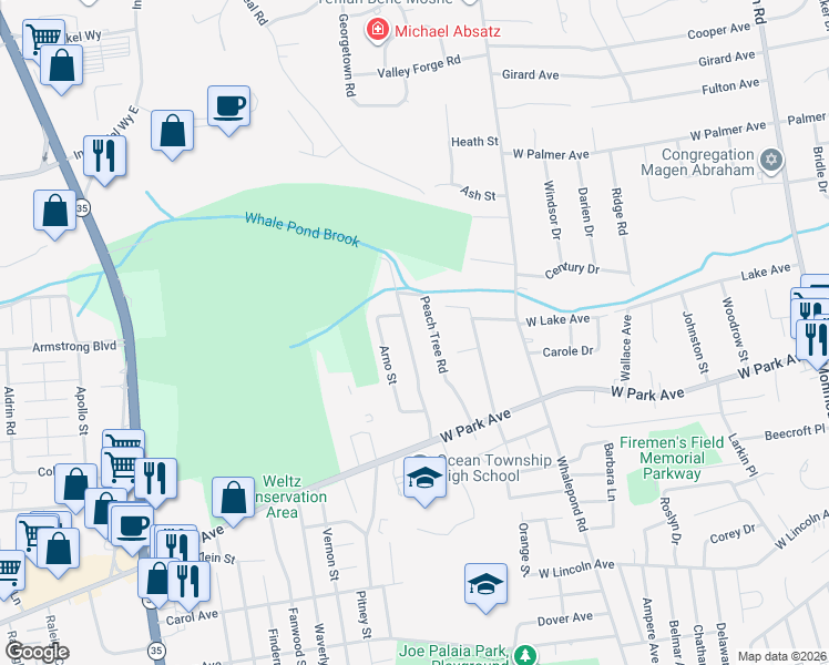 map of restaurants, bars, coffee shops, grocery stores, and more near 34 Peach Tree Road in Monmouth County