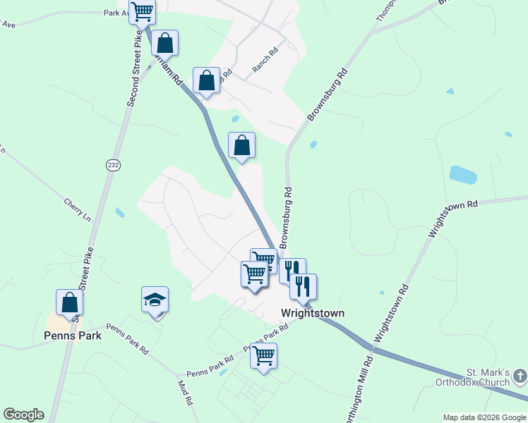 map of restaurants, bars, coffee shops, grocery stores, and more near 640 Durham Road in Newtown
