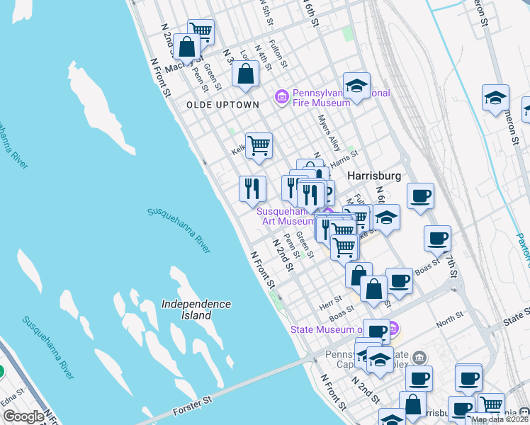map of restaurants, bars, coffee shops, grocery stores, and more near 211 Harris Street in Harrisburg