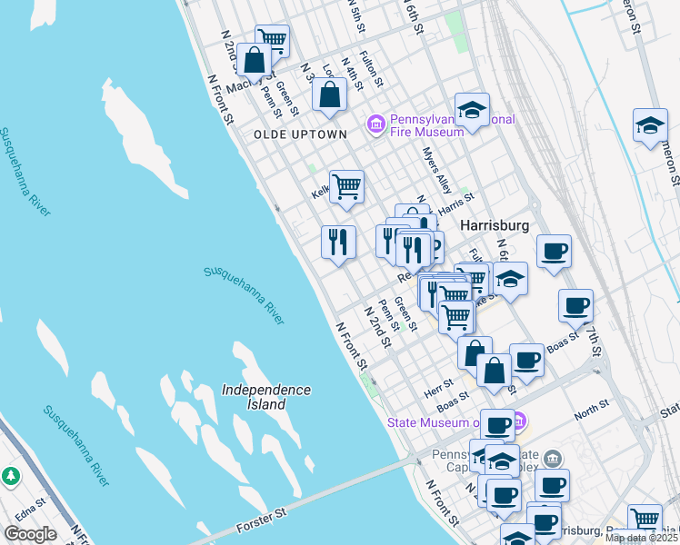 map of restaurants, bars, coffee shops, grocery stores, and more near 1612 North 2nd Street in Harrisburg