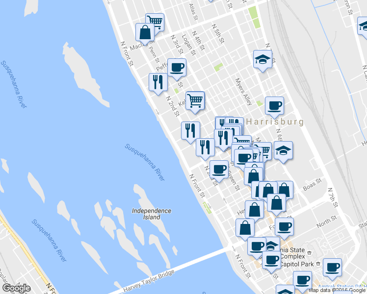 map of restaurants, bars, coffee shops, grocery stores, and more near 1612 North 2nd Street in Harrisburg