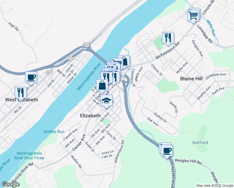 map of restaurants, bars, coffee shops, grocery stores, and more near 400 Market Street in Elizabeth