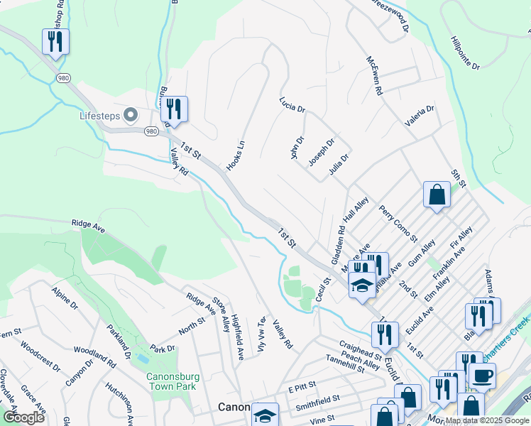 map of restaurants, bars, coffee shops, grocery stores, and more near 1148 1st Street in Canonsburg