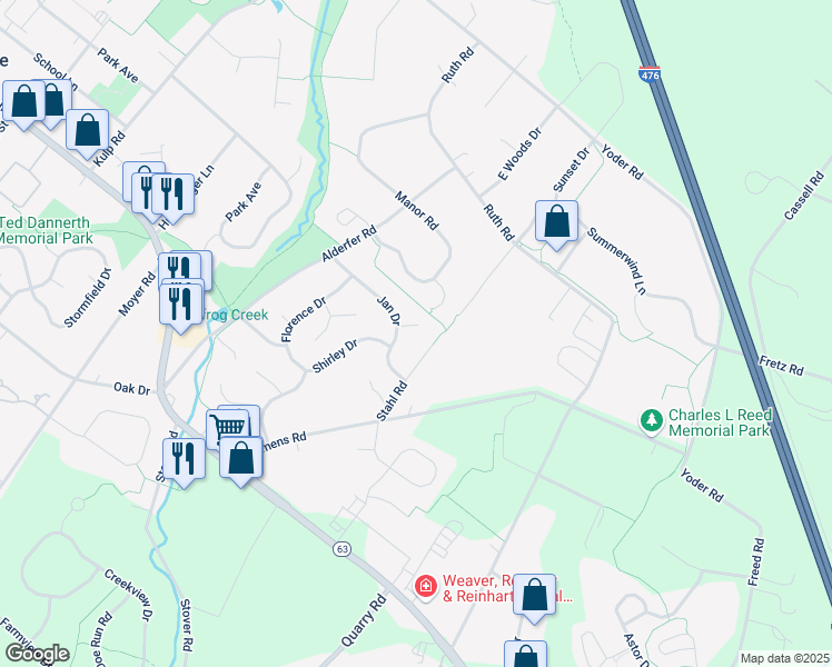 map of restaurants, bars, coffee shops, grocery stores, and more near 190 Michele Way in Harleysville