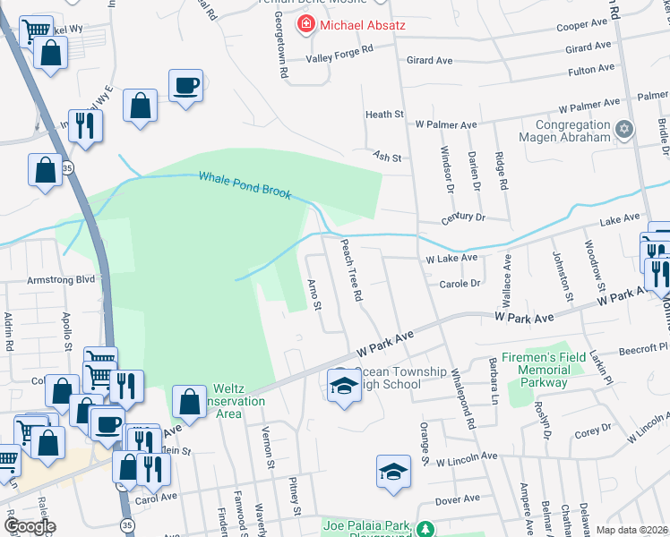 map of restaurants, bars, coffee shops, grocery stores, and more near 34 Peach Tree Road in Monmouth County