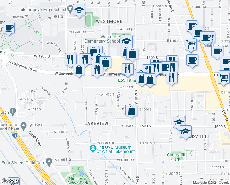 map of restaurants, bars, coffee shops, grocery stores, and more near 126 West 1435 South in Orem