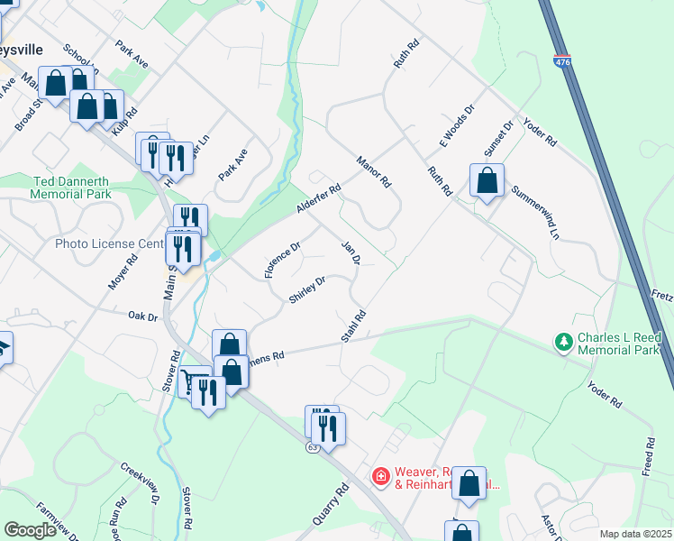 map of restaurants, bars, coffee shops, grocery stores, and more near 247 Shirley Drive in Harleysville