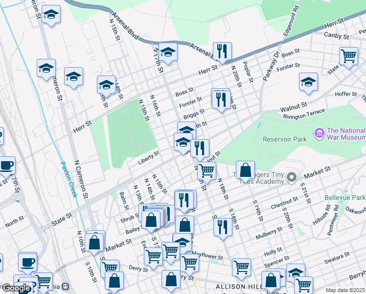 map of restaurants, bars, coffee shops, grocery stores, and more near 1624 Liberty Street in Harrisburg