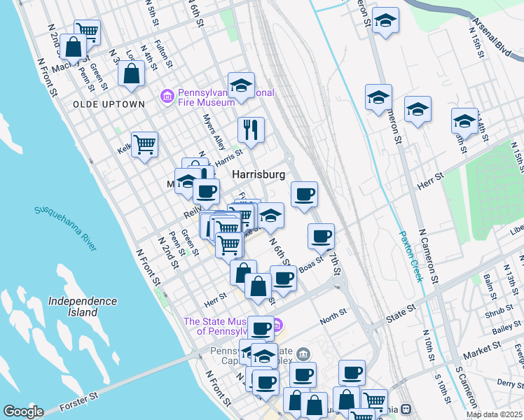 map of restaurants, bars, coffee shops, grocery stores, and more near 508 Calder Street in Harrisburg