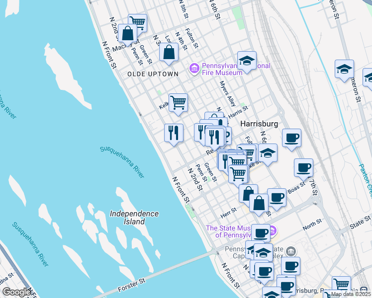 map of restaurants, bars, coffee shops, grocery stores, and more near 1522 Penn Street in Harrisburg