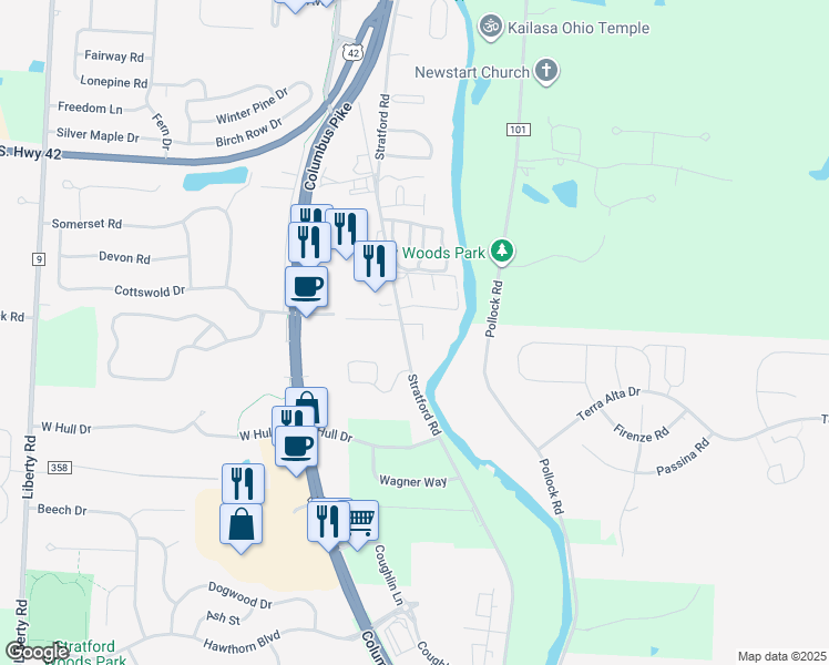 map of restaurants, bars, coffee shops, grocery stores, and more near 1493 Forest Brooke Way in Delaware