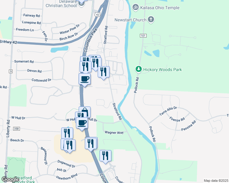 map of restaurants, bars, coffee shops, grocery stores, and more near 1493 Forest Brooke Way in Delaware