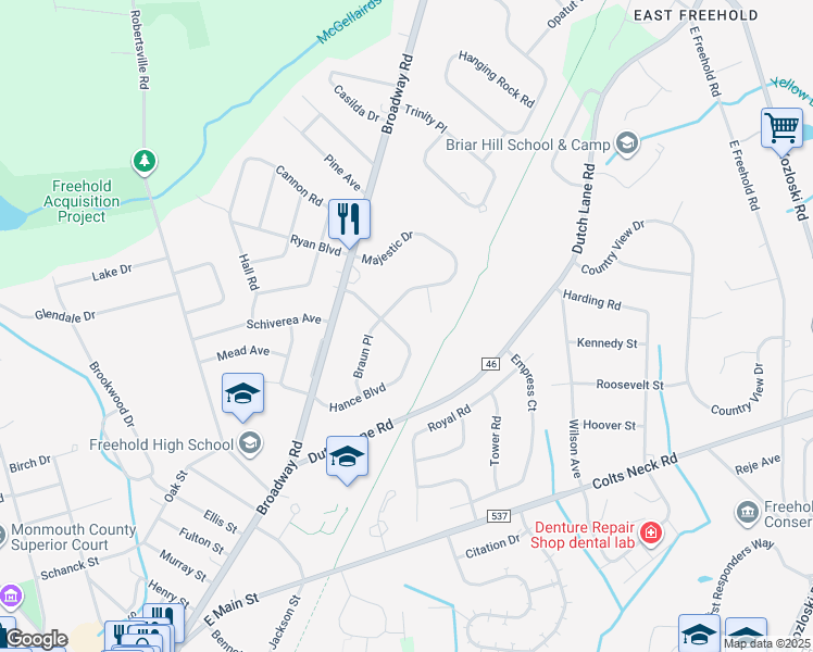 map of restaurants, bars, coffee shops, grocery stores, and more near 4 Albert Court in Freehold
