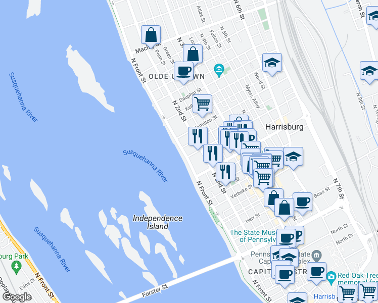 map of restaurants, bars, coffee shops, grocery stores, and more near 1612 North 2nd Street in Harrisburg