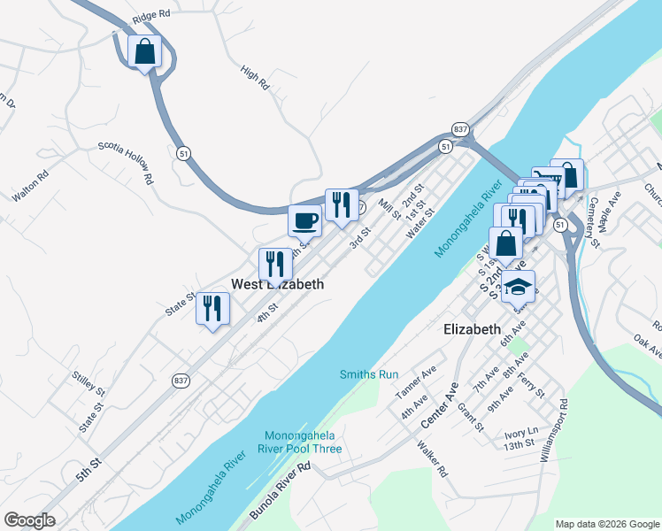 map of restaurants, bars, coffee shops, grocery stores, and more near in West Elizabeth