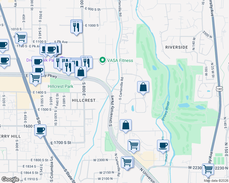 map of restaurants, bars, coffee shops, grocery stores, and more near 1406 Carterville Road in Orem