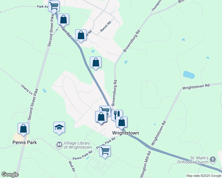 map of restaurants, bars, coffee shops, grocery stores, and more near 54 Brownsburg Road in Newtown