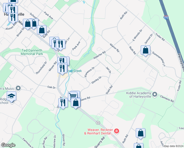 map of restaurants, bars, coffee shops, grocery stores, and more near 269 Danny Lane in Harleysville