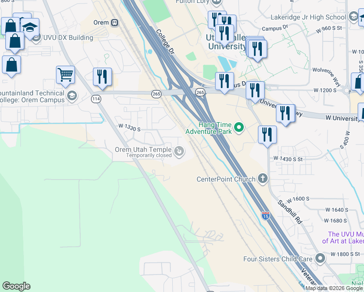 map of restaurants, bars, coffee shops, grocery stores, and more near 1395 South 1020 West in Orem