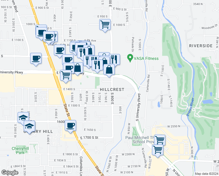 map of restaurants, bars, coffee shops, grocery stores, and more near 783 1400 South in Orem