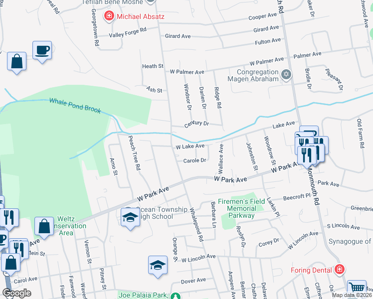 map of restaurants, bars, coffee shops, grocery stores, and more near 443 West Lake Avenue in Monmouth County