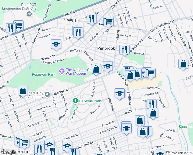 map of restaurants, bars, coffee shops, grocery stores, and more near 2408 Market Street in Harrisburg