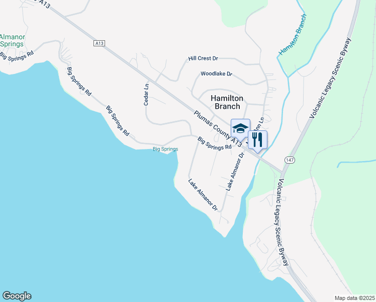map of restaurants, bars, coffee shops, grocery stores, and more near 3608 Lake Almanor Drive in Westwood