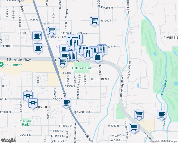map of restaurants, bars, coffee shops, grocery stores, and more near 1366 South 740 East in Orem