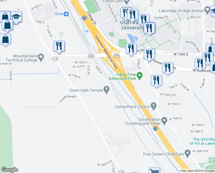 map of restaurants, bars, coffee shops, grocery stores, and more near 999 West 1410 South in Orem