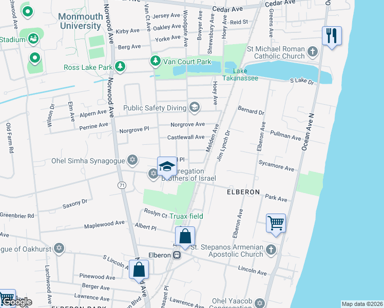 map of restaurants, bars, coffee shops, grocery stores, and more near 980 Woodgate Avenue in Long Branch