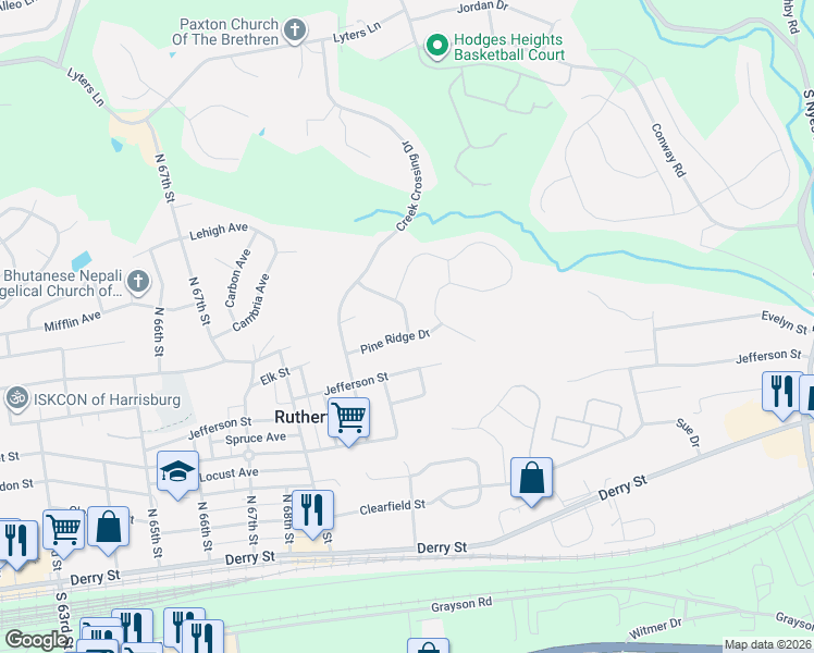 map of restaurants, bars, coffee shops, grocery stores, and more near 7096 Oak Ridge Drive in Harrisburg